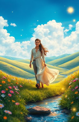 A romantic fantasy scene depicting a couple in love on a vibrant journey through a mystical landscape
