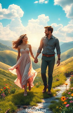 A romantic fantasy scene depicting a couple in love on a vibrant journey through a mystical landscape