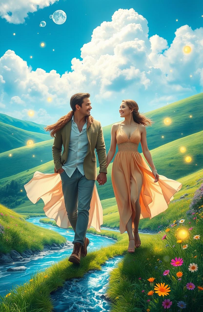 A romantic fantasy scene depicting a couple in love on a vibrant journey through a mystical landscape