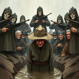 An elderly man standing in a shallow ditch, his face obscured by the wide brim of a hat, desperately trying to hide his deep sadness
