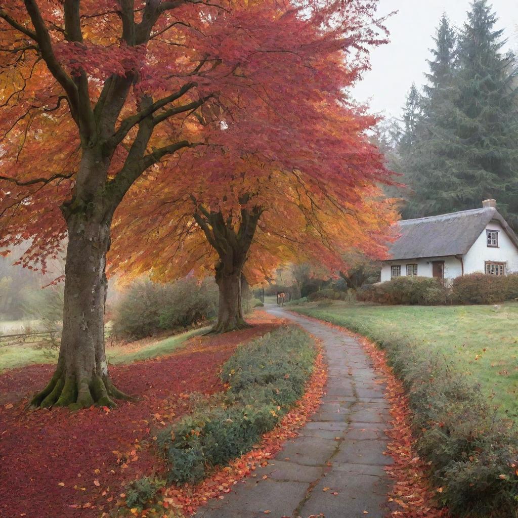 A serene autumnal landscape, with crimson and orange leaves falling gently from trees and carpeting a winding path leading to a cozy, smoke-spiraling cottage in the distance.