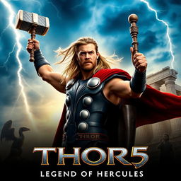 An exhilarating teaser poster for THOR 5: 'Legend of Hercules', featuring Chris Hemsworth as Thor, with his iconic hammer Mjolnir raised high against a dramatic sky filled with lightning