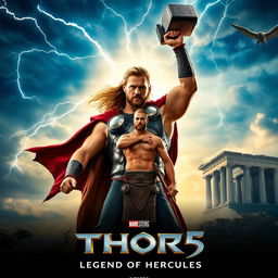 An exhilarating teaser poster for THOR 5: 'Legend of Hercules', featuring Chris Hemsworth as Thor, with his iconic hammer Mjolnir raised high against a dramatic sky filled with lightning