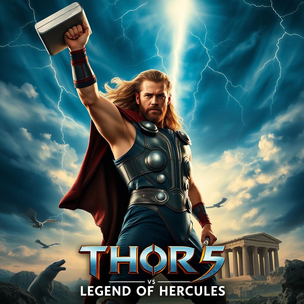 An exhilarating teaser poster for THOR 5: 'Legend of Hercules', featuring Chris Hemsworth as Thor, with his iconic hammer Mjolnir raised high against a dramatic sky filled with lightning