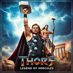 An exhilarating teaser poster for THOR 5: 'Legend of Hercules', featuring Chris Hemsworth as Thor, with his iconic hammer Mjolnir raised high against a dramatic sky filled with lightning