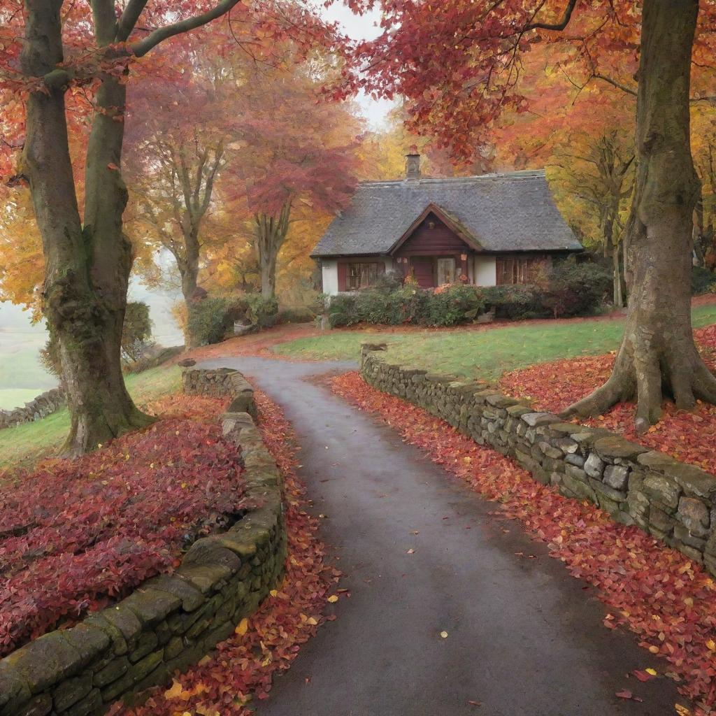 A serene autumnal landscape, with crimson and orange leaves falling gently from trees and carpeting a winding path leading to a cozy, smoke-spiraling cottage in the distance.