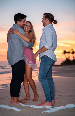 A heartwarming scene of two couples who have struggled in their relationships, now finally connecting in a beautiful moment of reconciliation