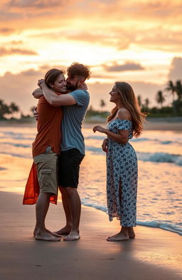 A heartwarming scene of two couples who have struggled in their relationships, now finally connecting in a beautiful moment of reconciliation