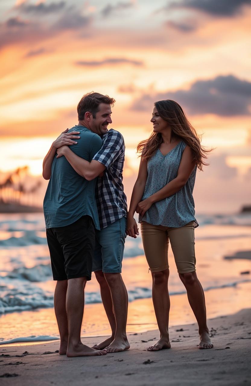 A heartwarming scene of two couples who have struggled in their relationships, now finally connecting in a beautiful moment of reconciliation