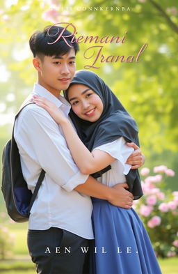 A romantic novel cover featuring a young man tightly embracing a young woman
