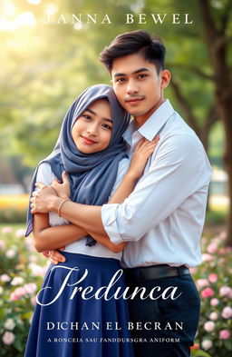 A romantic novel cover featuring a young man tightly embracing a young woman
