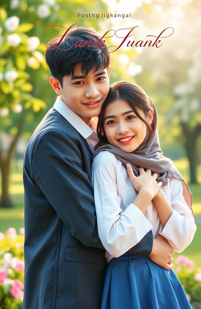 A romantic novel cover featuring a young man tightly embracing a young woman