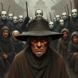 An elderly man with his face partially obscured by the brim of a wide-brimmed hat, showcasing a deep sense of desperate sadness