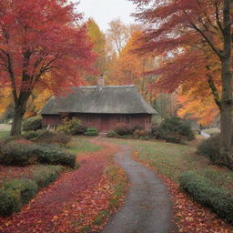 A serene autumnal landscape, with crimson and orange leaves falling gently from trees and carpeting a winding path leading to a cozy, smoke-spiraling cottage in the distance.