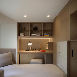 A compact yet comfortable bedroom with a study area including a desk, chair, lamp, and bookshelves, seamlessly integrated into the space