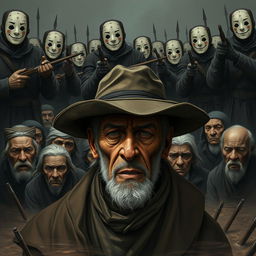 An elderly man with his face partially obscured by the brim of a wide-brimmed hat, showcasing a deep sense of desperate sadness