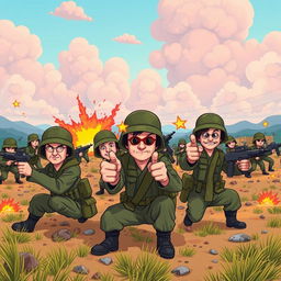 A whimsical and humorous scene depicting a war zone where instead of traditional weapons, all soldiers and characters are playfully using finger guns