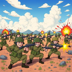 A whimsical and humorous scene depicting a war zone where instead of traditional weapons, all soldiers and characters are playfully using finger guns