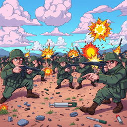 A whimsical and humorous scene depicting a war zone where instead of traditional weapons, all soldiers and characters are playfully using finger guns