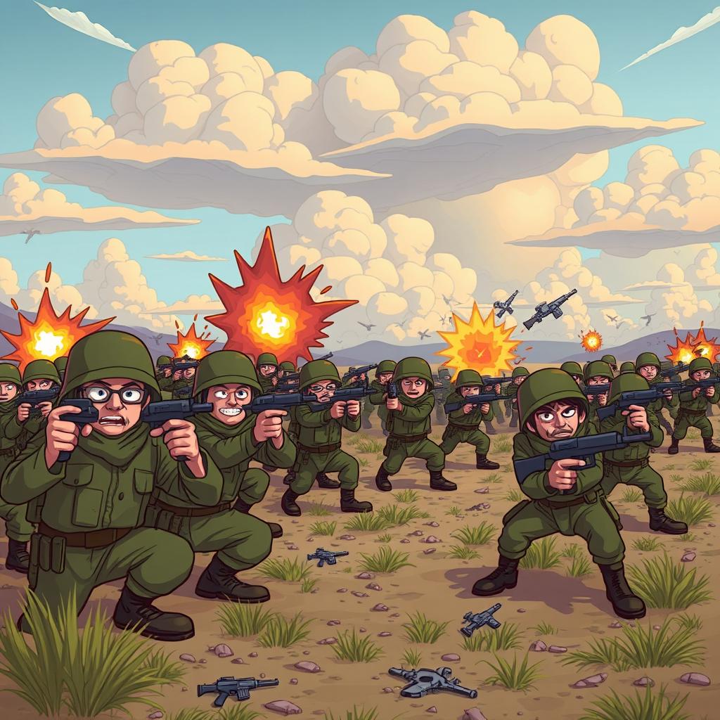 A whimsical and humorous scene depicting a war zone where instead of traditional weapons, all soldiers and characters are playfully using finger guns