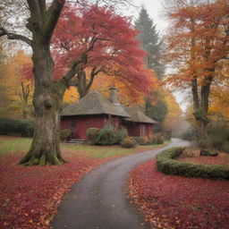 A serene autumnal landscape, with crimson and orange leaves falling gently from trees and carpeting a winding path leading to a cozy, smoke-spiraling cottage in the distance.