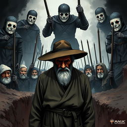 A full-body illustration of an elderly man, his face obscured by the brim of a wide-brimmed hat, conveying a profound sense of desperate sadness