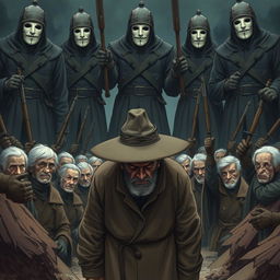 A full-body illustration of an elderly man, his face obscured by the brim of a wide-brimmed hat, conveying a profound sense of desperate sadness