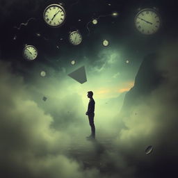 A surreal and contemplative image exploring the theme of existential questioning, featuring a dreamlike landscape that represents the uncertainty of life and death