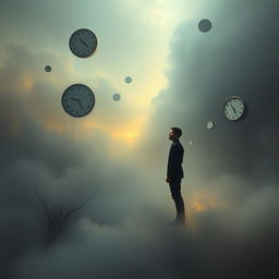 A surreal and contemplative image exploring the theme of existential questioning, featuring a dreamlike landscape that represents the uncertainty of life and death