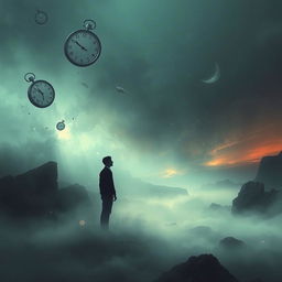A surreal and contemplative image exploring the theme of existential questioning, featuring a dreamlike landscape that represents the uncertainty of life and death