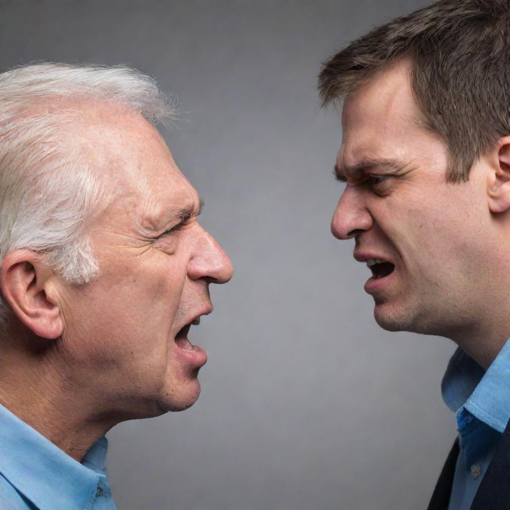 An image of a kind individual gently interacting with an angry person, diffusing the tension with calm demeanor and soft spoken words.