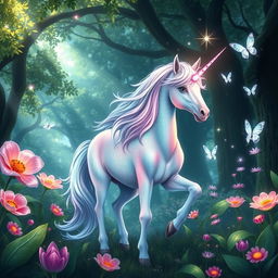 A mystical unicorn with a shimmering, iridescent coat and a flowing mane that sparkles like stardust, standing gracefully in a lush, enchanted forest