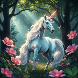 A mystical unicorn with a shimmering, iridescent coat and a flowing mane that sparkles like stardust, standing gracefully in a lush, enchanted forest
