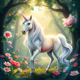 A mystical unicorn with a shimmering, iridescent coat and a flowing mane that sparkles like stardust, standing gracefully in a lush, enchanted forest