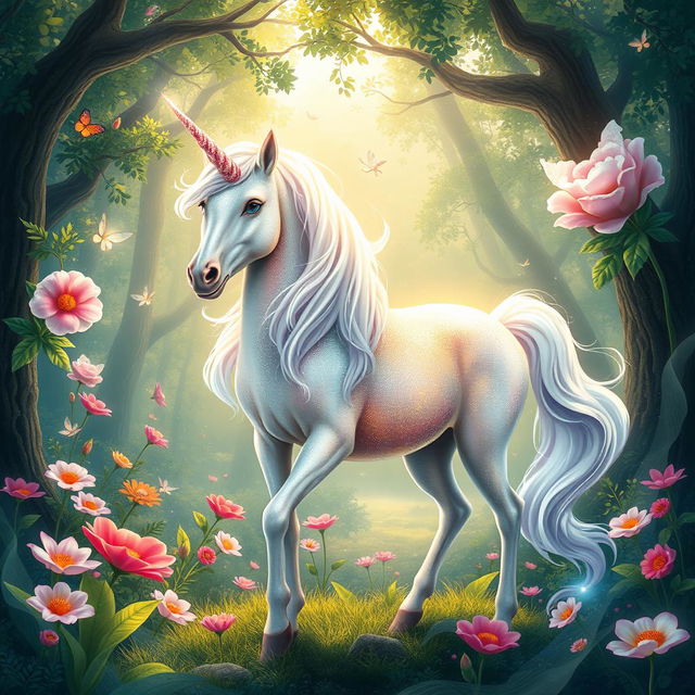 A mystical unicorn with a shimmering, iridescent coat and a flowing mane that sparkles like stardust, standing gracefully in a lush, enchanted forest