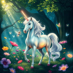 A mystical unicorn with a shimmering, iridescent coat and a flowing mane that sparkles like stardust, standing gracefully in a lush, enchanted forest