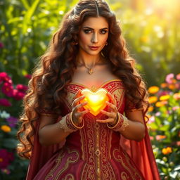 A gorgeous queen with long, curly brown hair cascading down her back, wearing an ornate royal gown embellished with gold and jewels