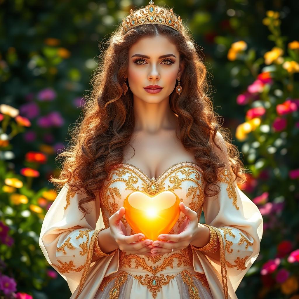 A gorgeous queen with long, curly brown hair cascading down her back, wearing an ornate royal gown embellished with gold and jewels