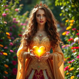 A gorgeous queen with long, curly brown hair cascading down her back, wearing an ornate royal gown embellished with gold and jewels
