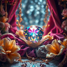 A captivating scene capturing the essence of luxury and desire, where a glittering gem sits at the center, surrounded by a lavish display of opulence