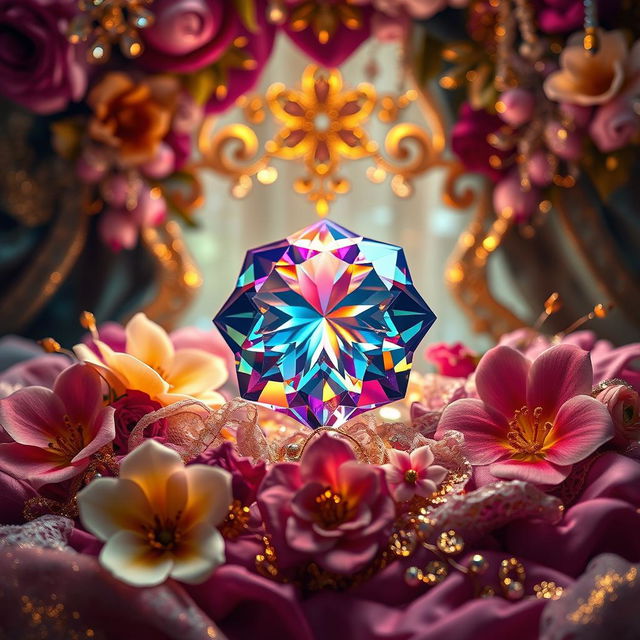 A captivating scene capturing the essence of luxury and desire, where a glittering gem sits at the center, surrounded by a lavish display of opulence