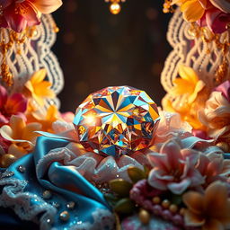 A captivating scene capturing the essence of luxury and desire, where a glittering gem sits at the center, surrounded by a lavish display of opulence
