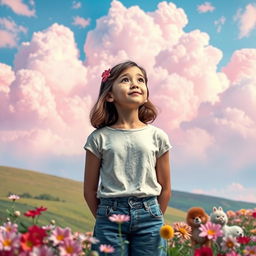 A whimsical and enchanting scene depicting a magical sky filled with fluffy, colorful cotton candy clouds
