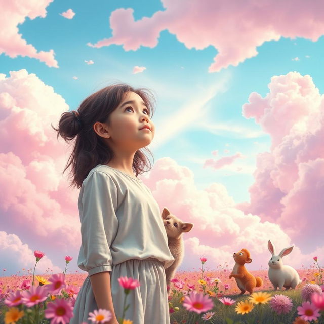 A whimsical and enchanting scene depicting a magical sky filled with fluffy, colorful cotton candy clouds