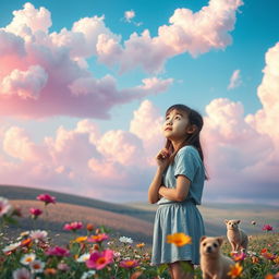A whimsical and enchanting scene depicting a magical sky filled with fluffy, colorful cotton candy clouds
