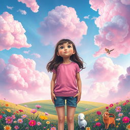 A whimsical and enchanting scene depicting a magical sky filled with fluffy, colorful cotton candy clouds