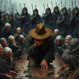 A full-body illustration of an elderly man, his face hidden beneath the brim of a wide-brimmed hat, desperately attempting to conceal his tears as he kneels in a muddy ditch
