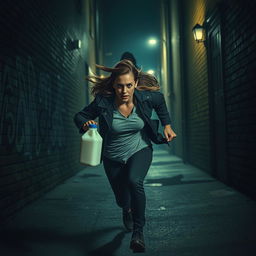 An intense and dramatic scene depicting a woman in a state of fear and urgency, sprinting away from a shadowy figure representing a serial killer