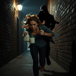 An intense and dramatic scene depicting a woman in a state of fear and urgency, sprinting away from a shadowy figure representing a serial killer