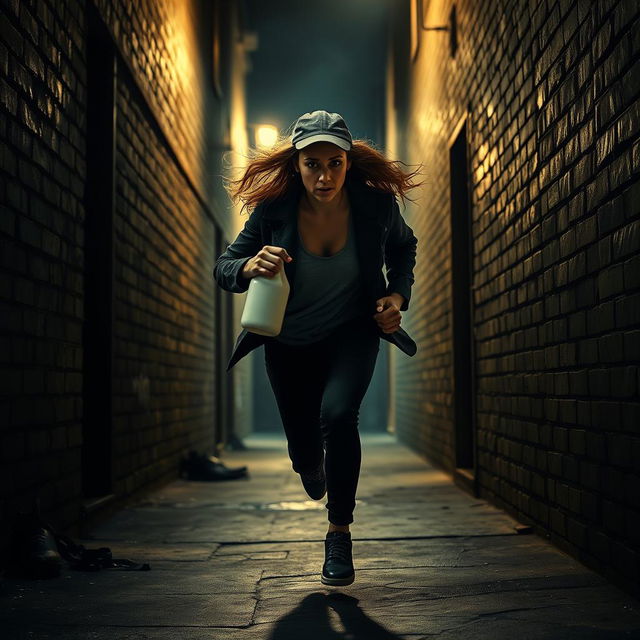 An intense and dramatic scene depicting a woman in a state of fear and urgency, sprinting away from a shadowy figure representing a serial killer